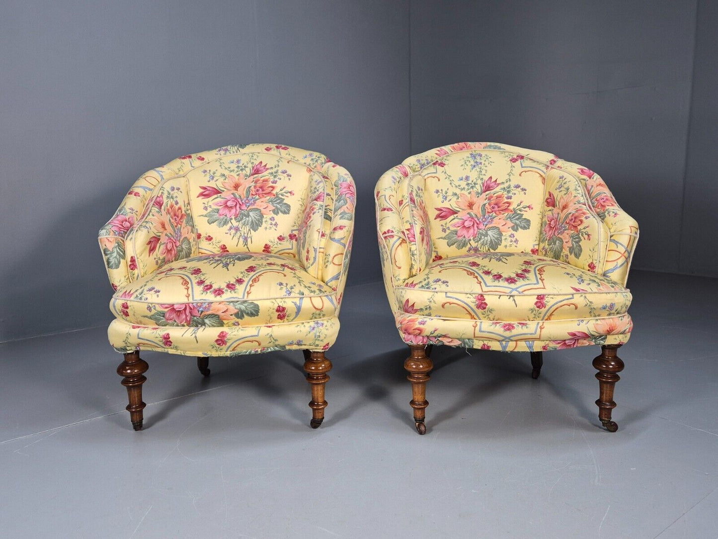 Pair Vintage Danish Floral Print Antique Tub Chairs Walnut Legs EB9012 VCLO - UKDK FURNITURE