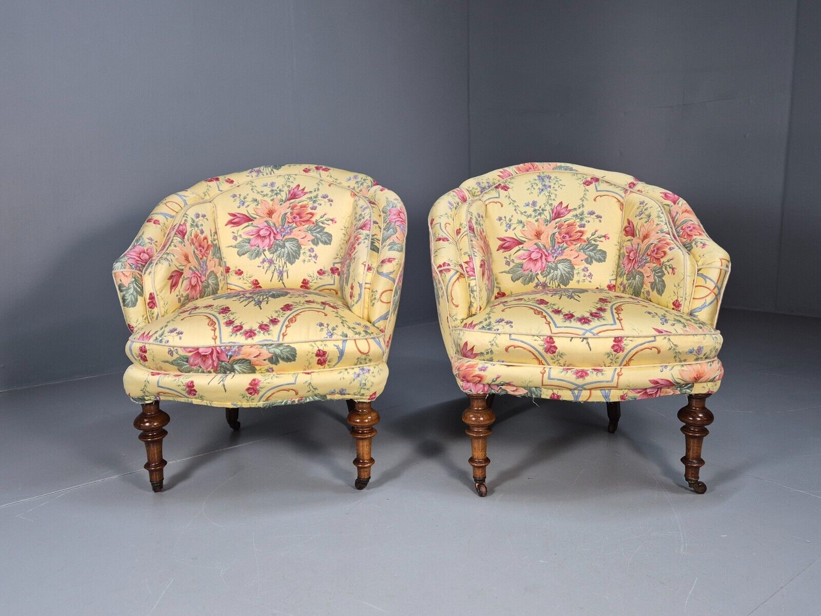 Pair Vintage Danish Floral Print Antique Tub Chairs Walnut Legs EB9012 VCLO - UKDK FURNITURE
