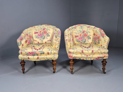 Pair Vintage Danish Floral Print Antique Tub Chairs Walnut Legs EB9012 VCLO - UKDK FURNITURE