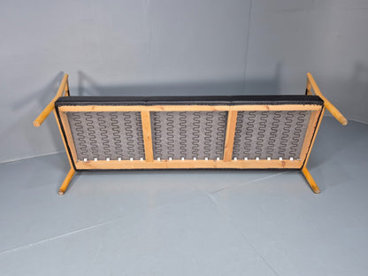 Mid Century Three Seater Sofa Beech Ends Black Leather 1980s Retro EB10399 M3SS9