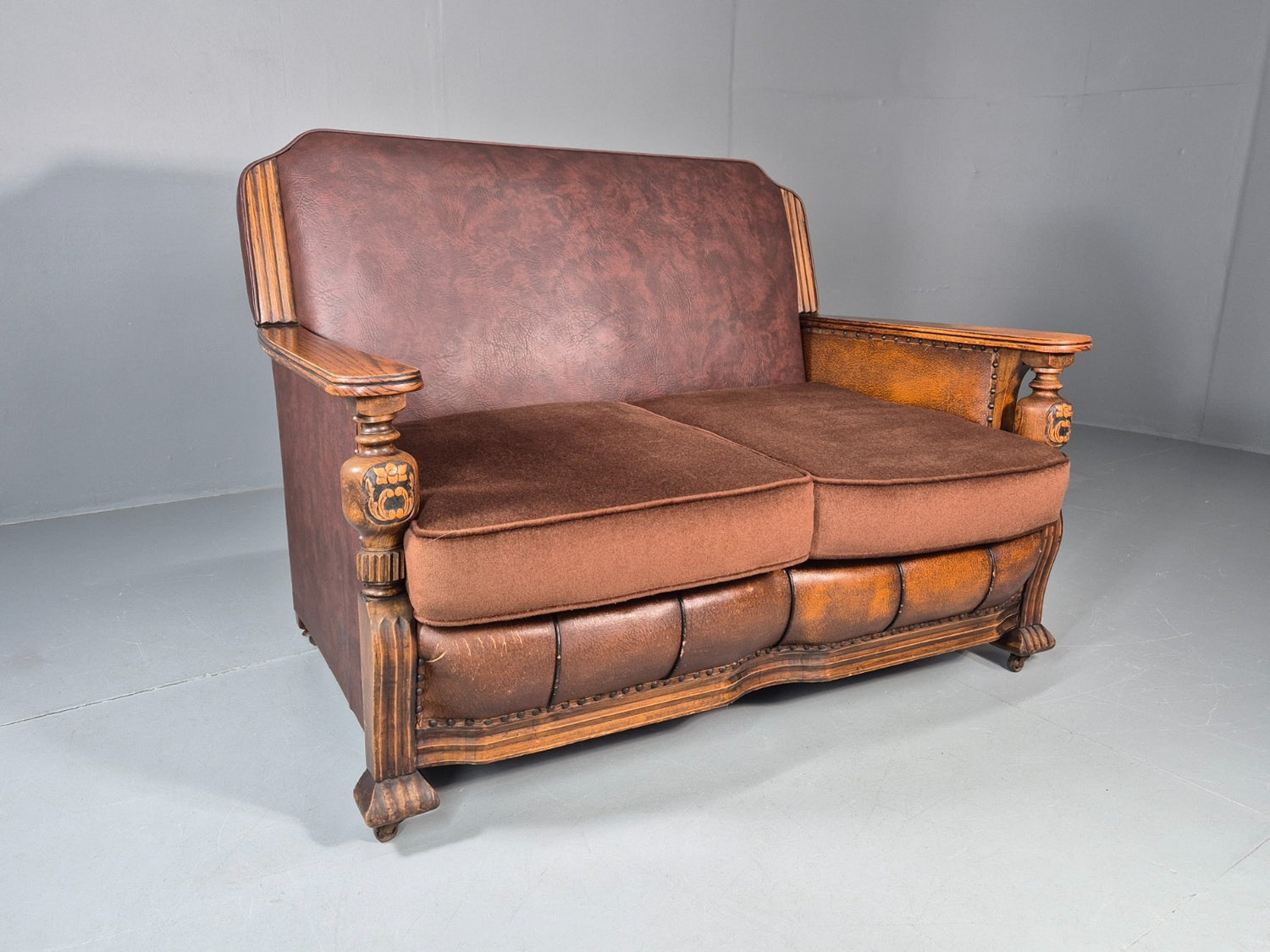 Two Seater Edwardian Sofa Baroque Oak Frame Rexine and Velour EB11265 V2SS0