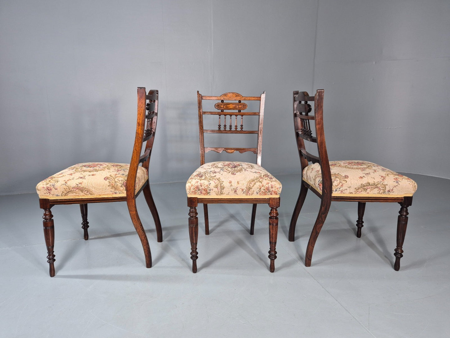 3 Antique Saloon Chairs Rosewood Frame Floral Seats Inlay Victorian EB10990 VDIN7