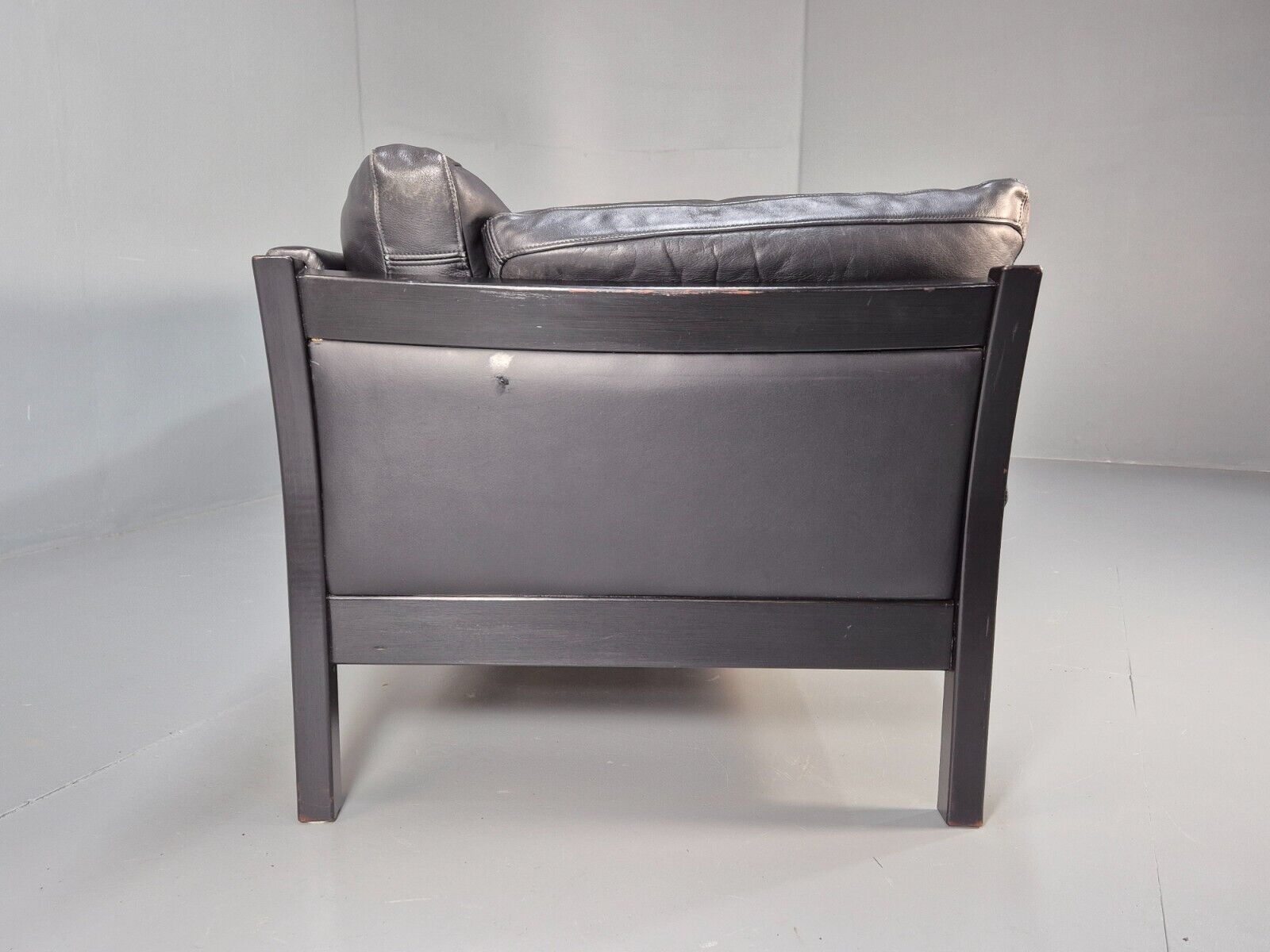 Vintage Danish 3 Seat Sofa Black leather Wood Frame Retro 1980s MCM EB8698 M3SS - UKDK FURNITURE
