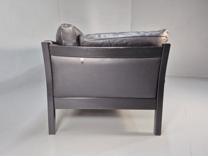 Vintage Danish 3 Seat Sofa Black leather Wood Frame Retro 1980s MCM EB8698 M3SS - UKDK FURNITURE