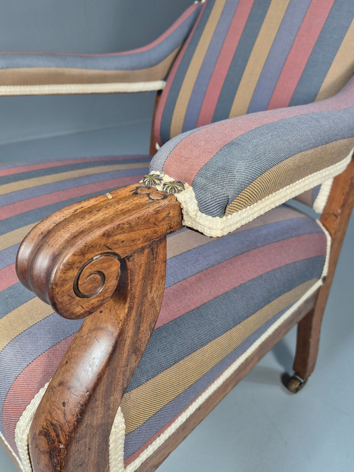 Antique Mahogany Lounge Chair Striped Cotton Upholstery EB10625 VCLO8