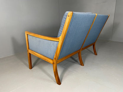 Vintage Danish 2 Seat Sofa Mahogany Frame Blue Cotton Wanscher MCM EB6970 M2SS - UKDK FURNITURE