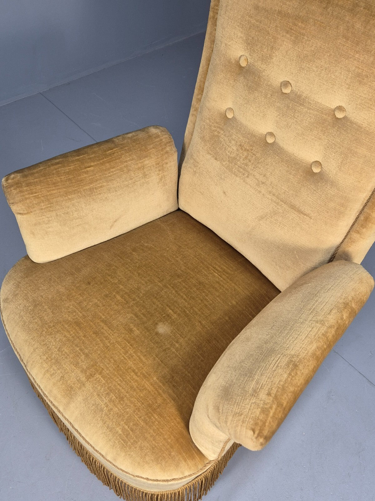 Vintage Gold Velour Danish Armchair 1920s Tassels High Back EB9635 VCLO - UKDK FURNITURE