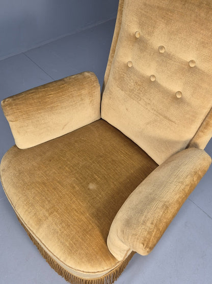 Vintage Gold Velour Danish Armchair 1920s Tassels High Back EB9635 VCLO - UKDK FURNITURE