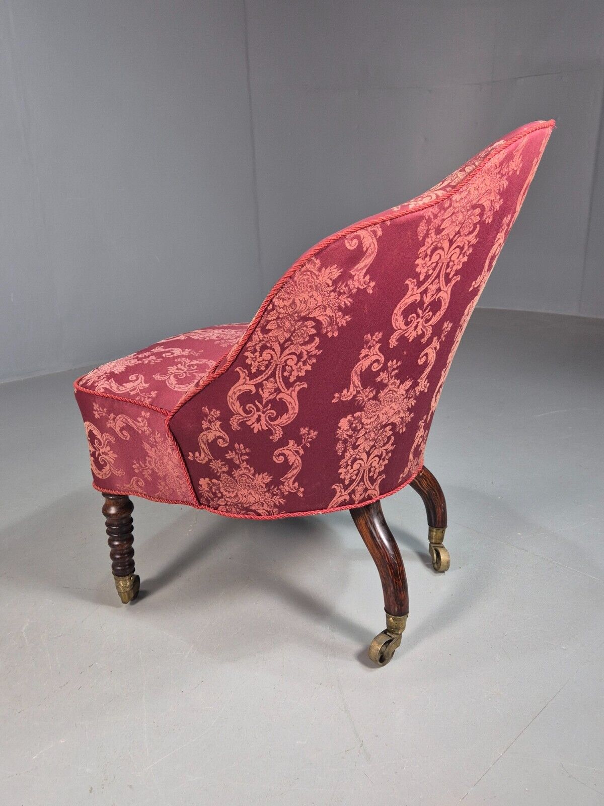 Antique Danish Occasional Chair Pink Satin Floral Motif Oak Brass EB8051 VCLO - UKDK FURNITURE