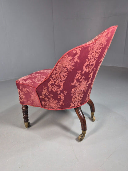 Antique Danish Occasional Chair Pink Satin Floral Motif Oak Brass EB8051 VCLO - UKDK FURNITURE