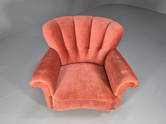 Vintage Danish Art Deco shell back Lounge Chair Pink Velour Bun Feet EB9556 MNOR - UKDK FURNITURE