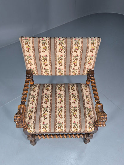 17th Century Style Carved Chair Lions Arms Barley Twist Frame 1960 EB10774 VCAR2