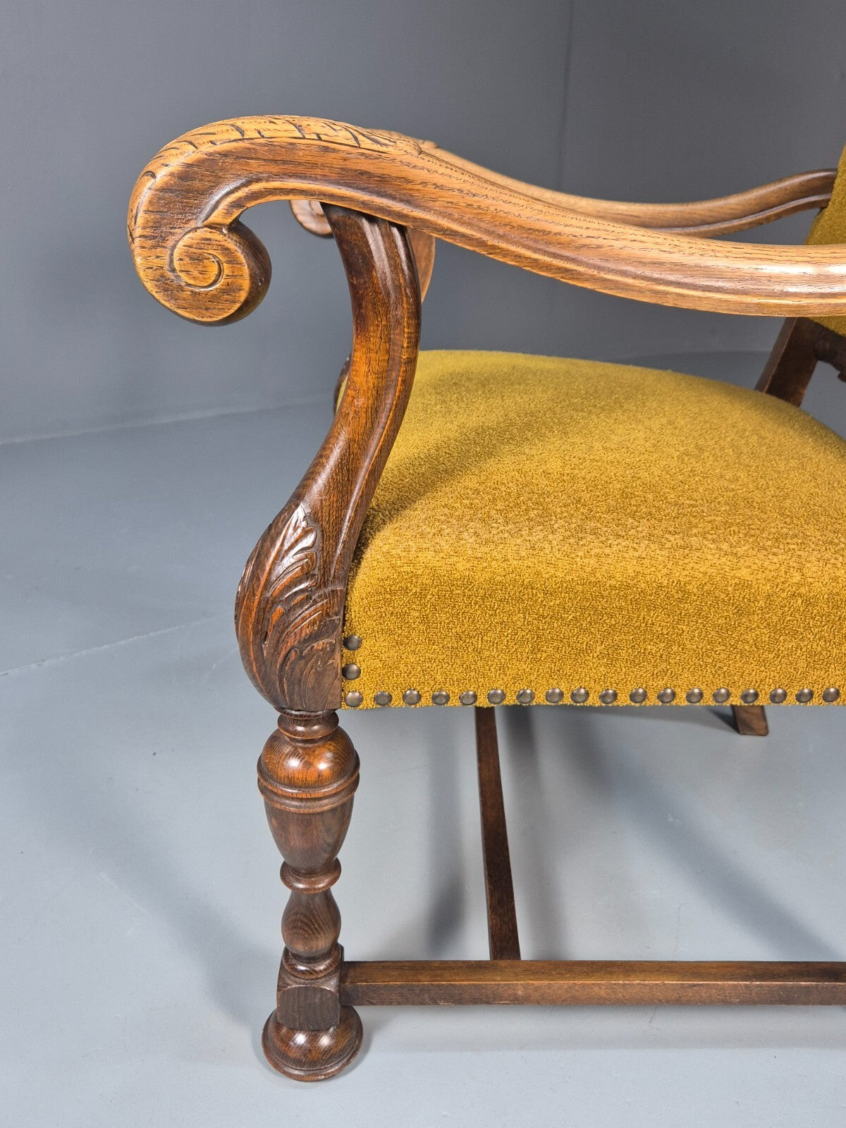 Vintage Danish Elbow Chair Yellow Carved Oak Frame 18th C Style EB9654 VCLO - UKDK FURNITURE