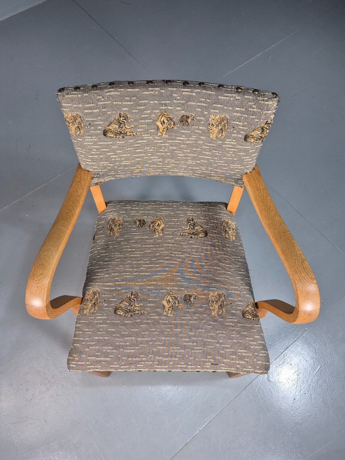 Vintage Danish Elbow Chair Tiger Motif Grey Beech Wood 1950s Retro EB8005 MDIN - UKDK FURNITURE
