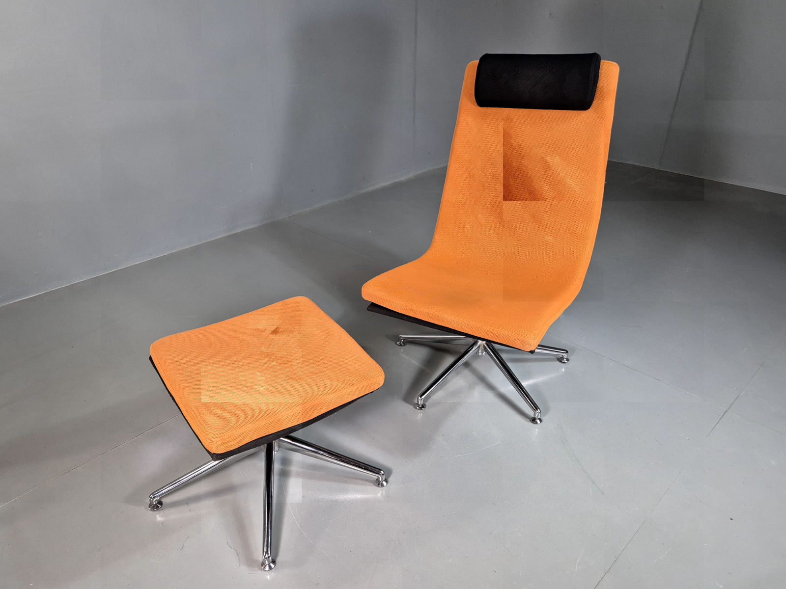 Vintage Danish Swivel Chair and Footstool Orange Chrome Retro 1980s EB7357 MSWI - UKDK FURNITURE