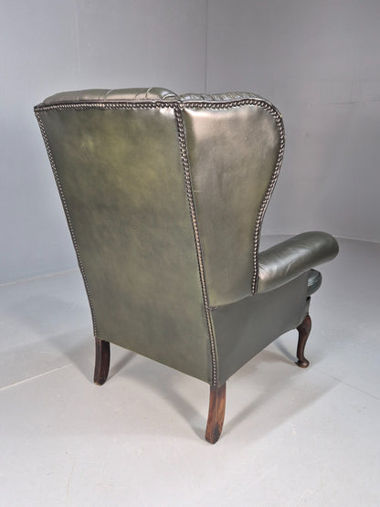 Vintage Chesterfield Armchair Green Leather Pleated Button Back EB9485 VLEA - UKDK FURNITURE