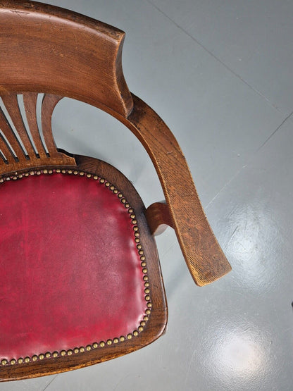 Vintage Elbow Chair Red Leatherette Oak Frame 1950s EB7871a VDIN - UKDK FURNITURE