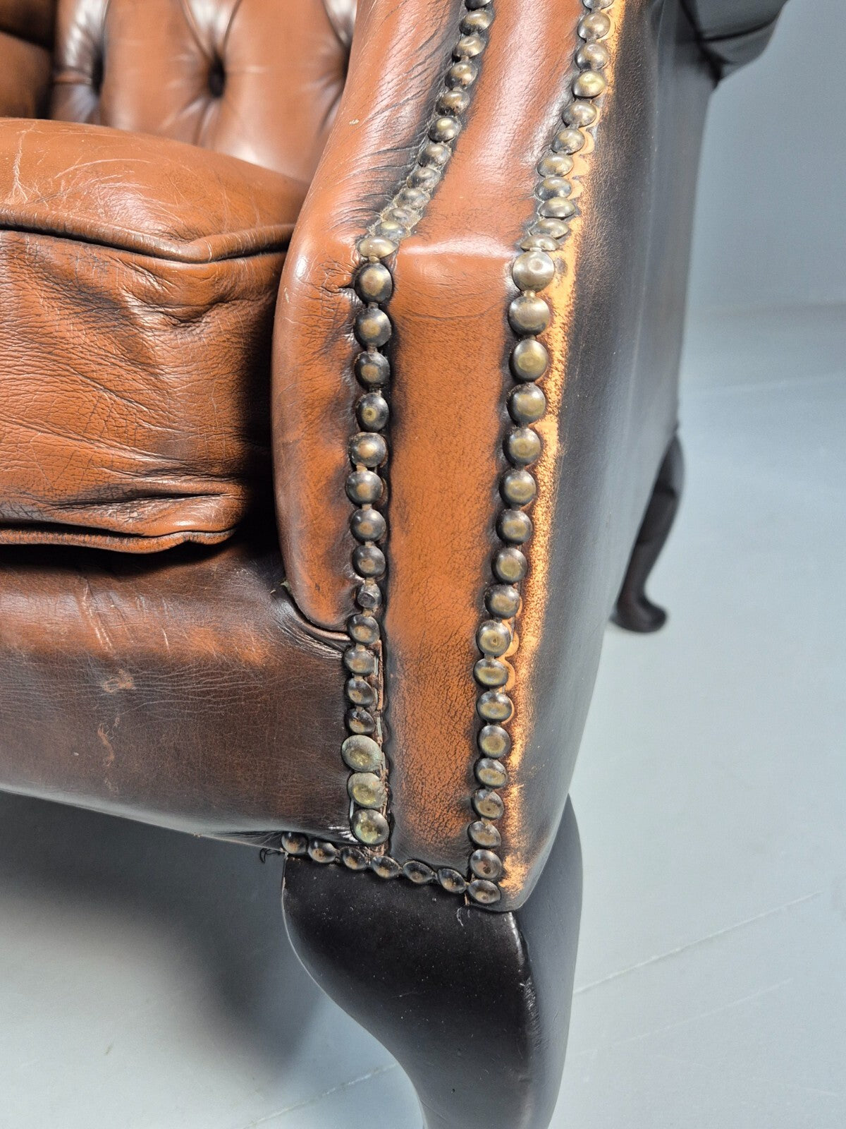 Vintage Leather Wingback Queen Anne Chair Brown 1980s Retro EB9543 VLEA - UKDK FURNITURE