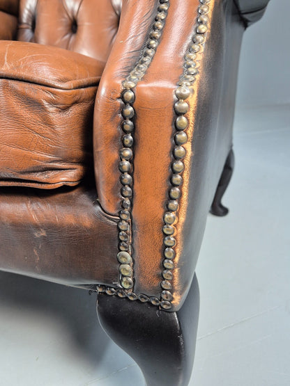 Vintage Leather Wingback Queen Anne Chair Brown 1980s Retro EB9543 VLEA - UKDK FURNITURE