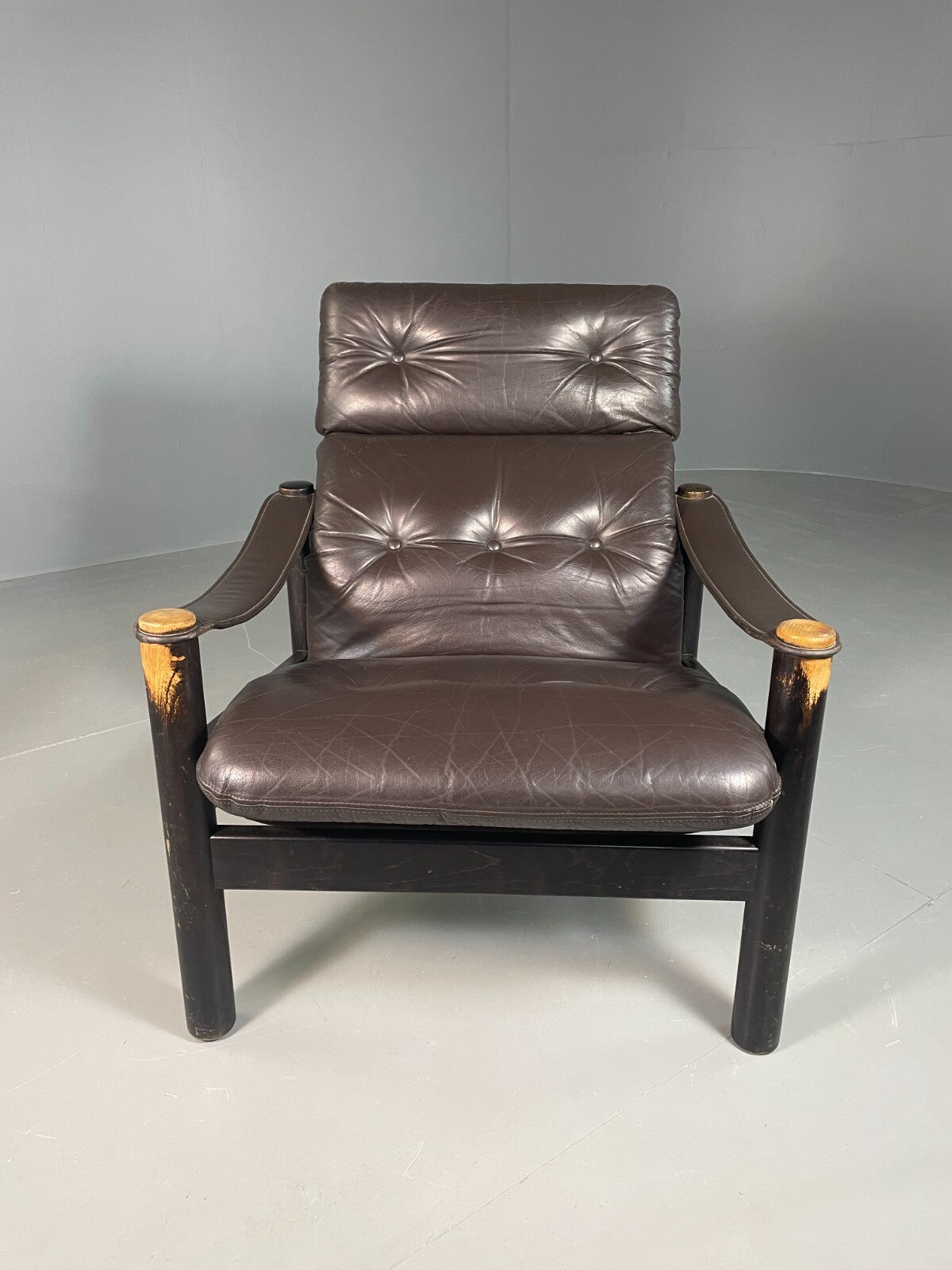 Vintage Danish Lounge Chair Brown Leather Sling Arms Retro MCM EB6867 MNOR - UKDK FURNITURE
