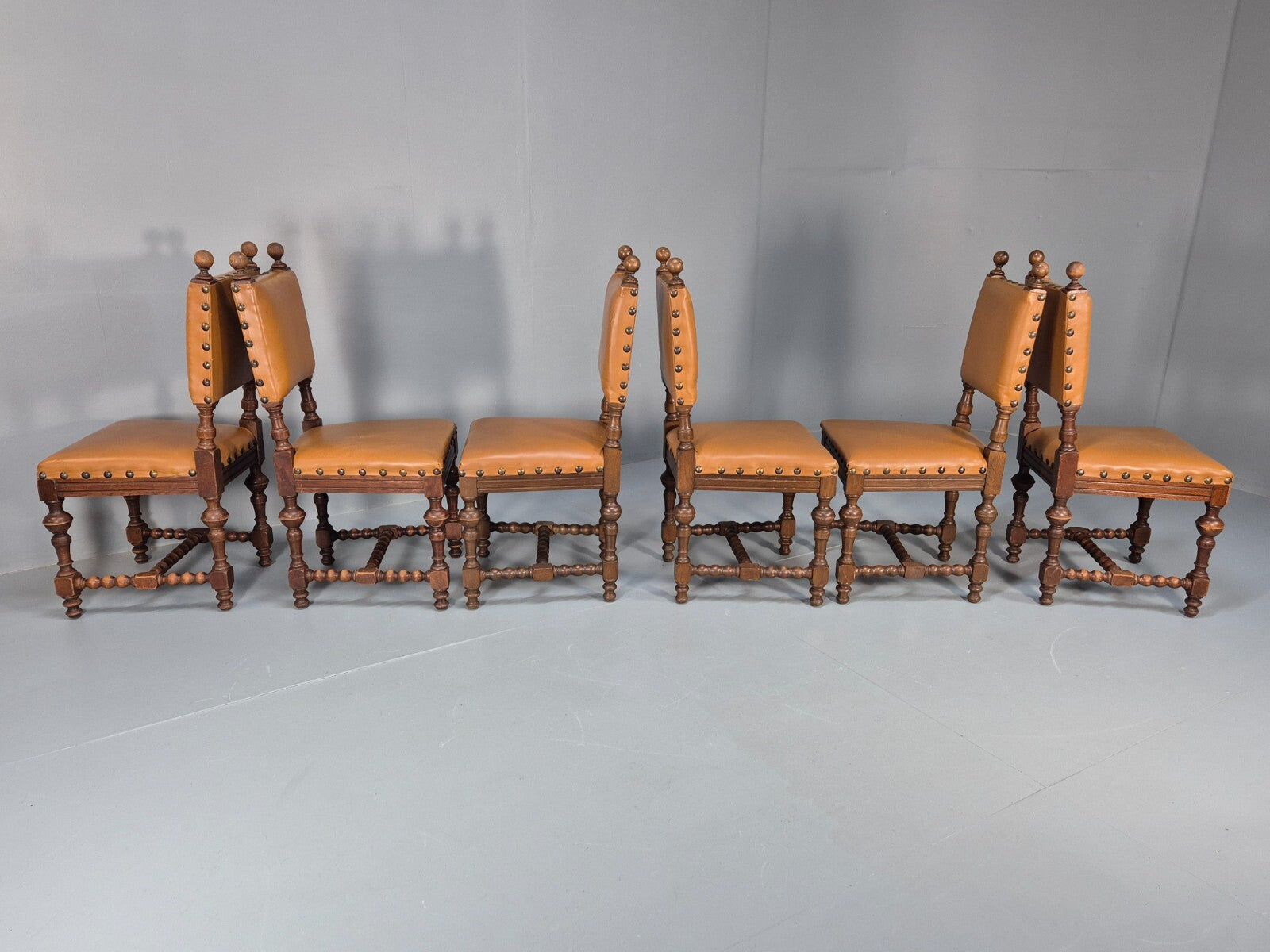 6 Vintage Danish Baroque Style Dining Chairs Tan Leather and Oak 50s EB9747 VDIN - UKDK FURNITURE
