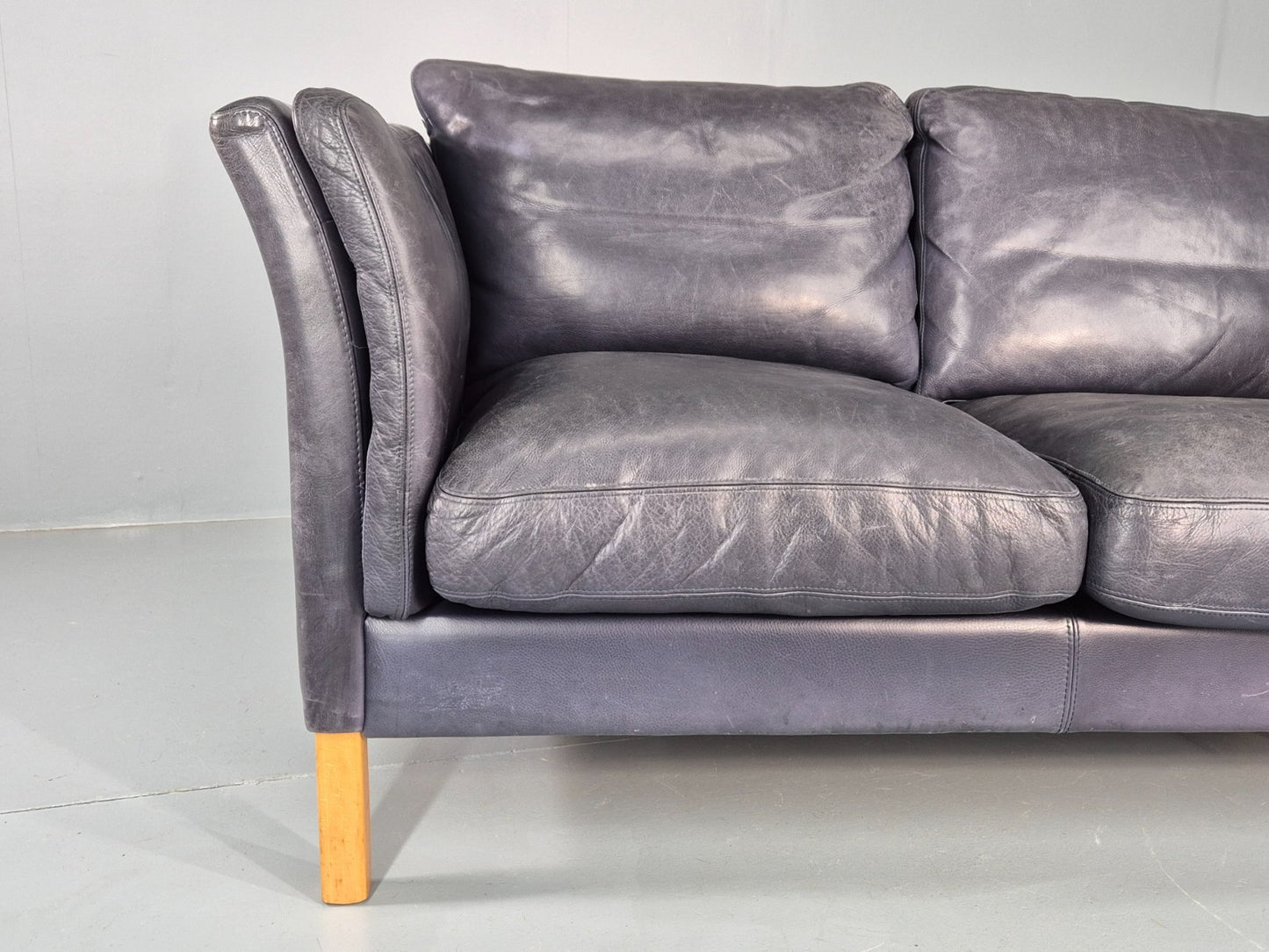 Vintage 2 Seater Sofa Danish Blue Leather Mid Century 1980s Retro EB9069 M2SS2