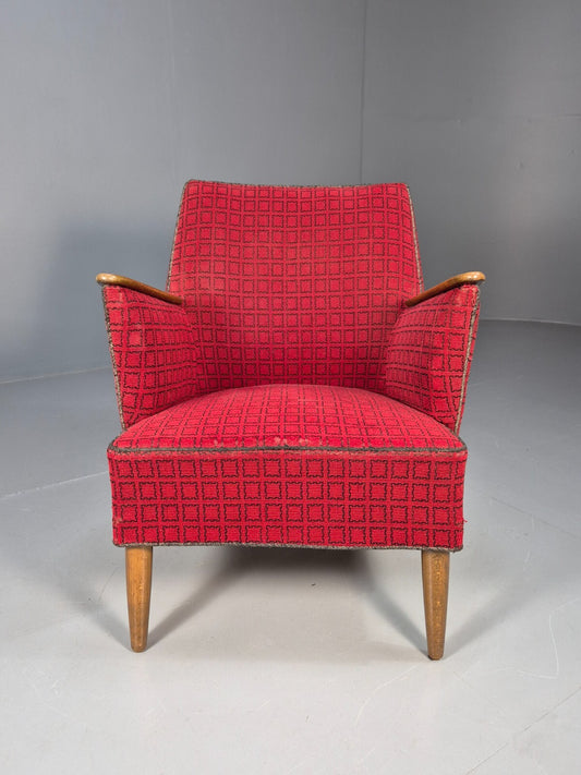 Vintage Danish 1950s Tub Chair Teak Arms Original Cloth Retro MCM EB9624 MNOR - UKDK FURNITURE