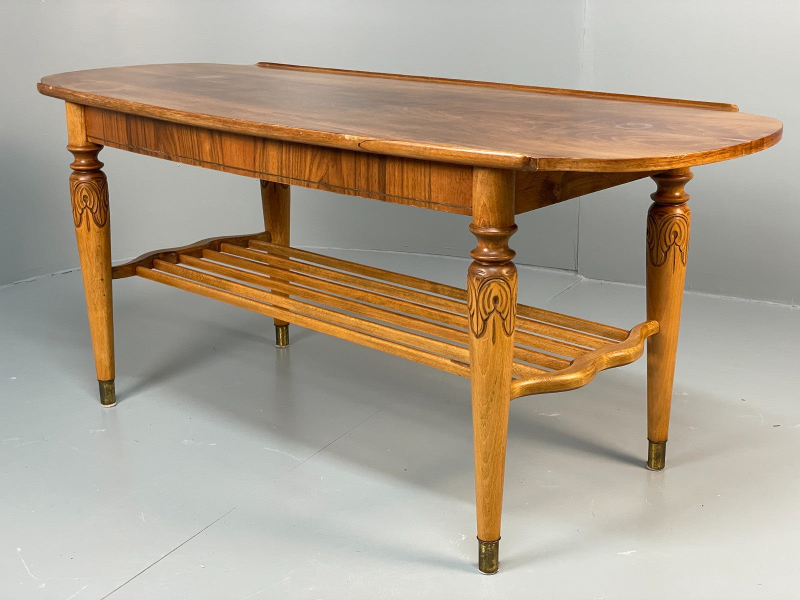 Vintage Walnut Coffee Table - Carved 1960s Magazine Rack Brass EB10874 MWOO17