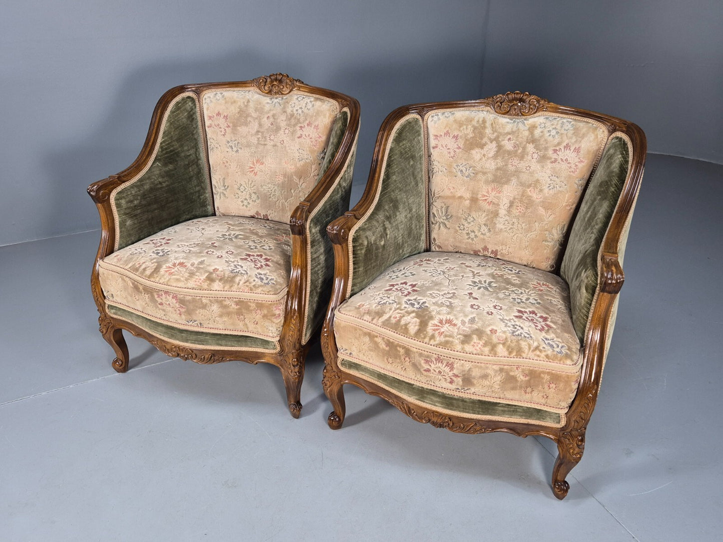 2 Vintage Rococo Armchairs 1920s Danish Green and Floral Antique EB9555 VCLO - UKDK FURNITURE