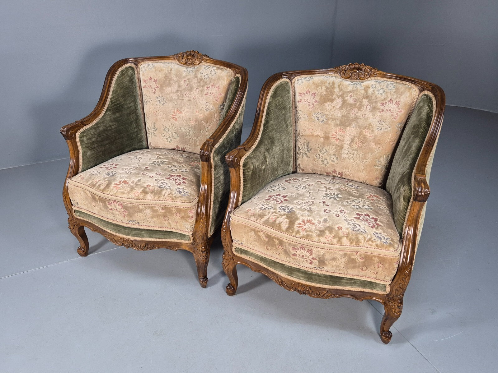 2 Vintage Rococo Armchairs 1920s Danish Green and Floral Antique EB9555 VCLO - UKDK FURNITURE