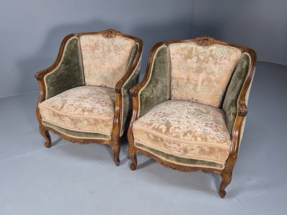 2 Vintage Rococo Armchairs 1920s Danish Green and Floral Antique EB9555 VCLO - UKDK FURNITURE