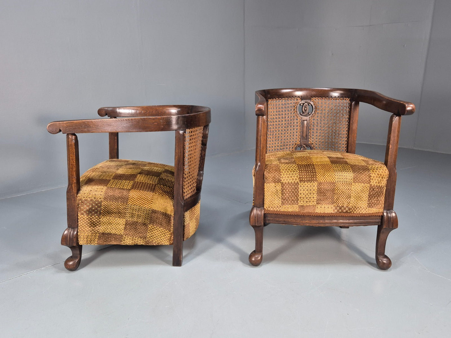 Pair Art Deco Tub Chairs Bergere Back Oak Frame Brown Velour 1930s EB10696 VCAR9