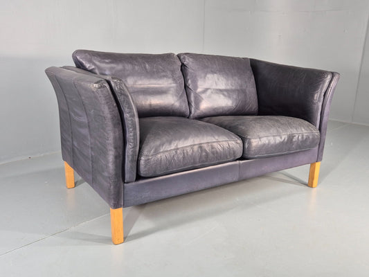Vintage 2 Seater Sofa Danish Blue Leather Mid Century 1980s Retro EB9069 M2SS0