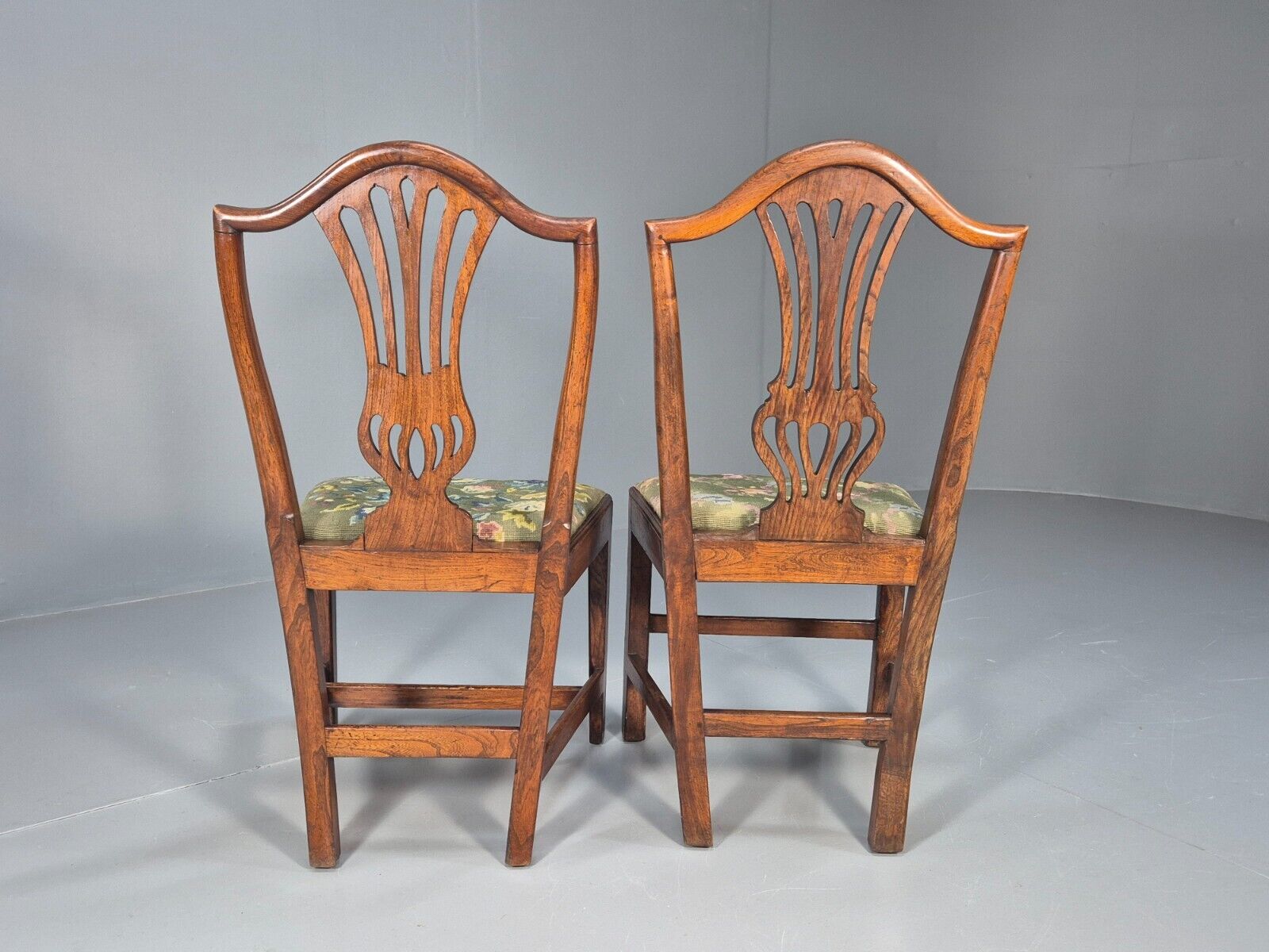 2 Vintage Oak Dining Chairs Green Floral Georgian Style Antique EB9084 VDIN - UKDK FURNITURE