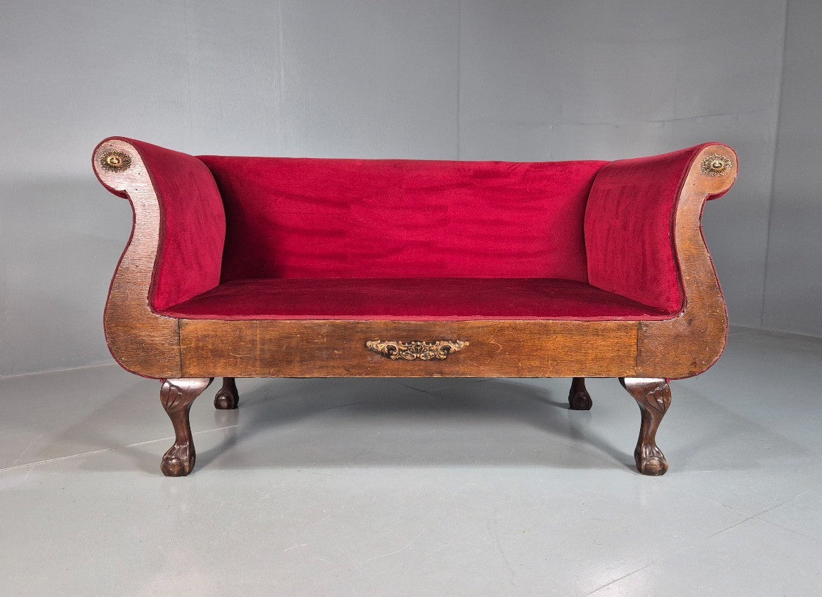 Vintage Antique Scroll End Settee Ball Claw Feet Red Velour 1900s EB7920 V2SS3