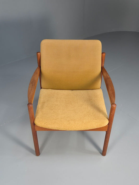 Vintage Danish Lounge Chair Yellow Cotton Teak 1960s Retro MCM EB8762 MNOR - UKDK FURNITURE