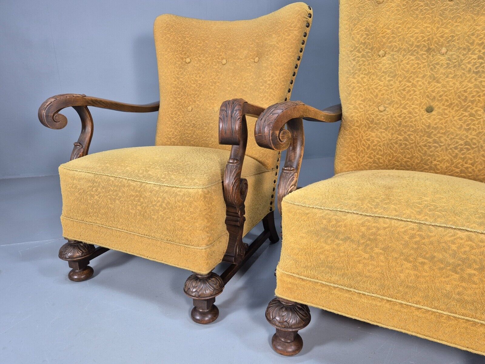 2 Vintage Baroque Armchgairs in Oak and Mustard Moquette 1940s EB9005 VCLO - UKDK FURNITURE