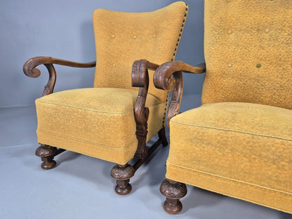 2 Vintage Baroque Armchgairs in Oak and Mustard Moquette 1940s EB9005 VCLO - UKDK FURNITURE