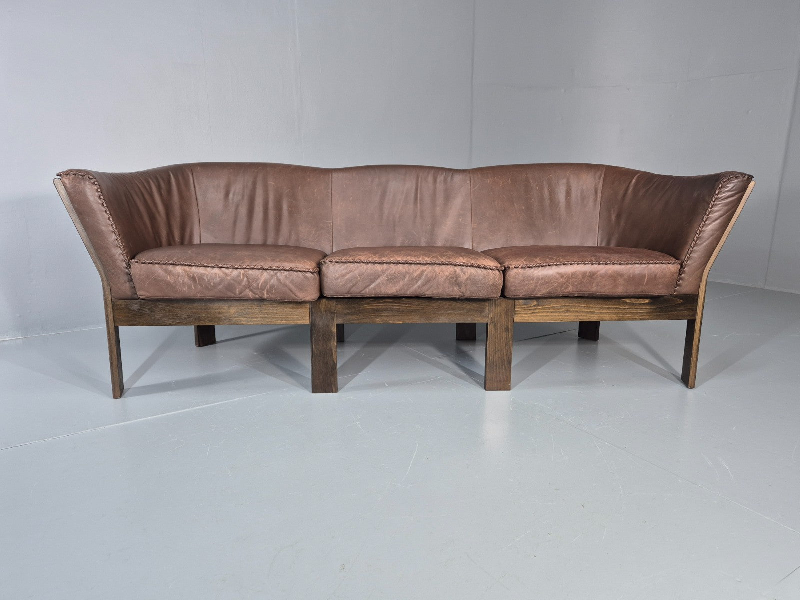 3 Seater Vintage Sofa Danish Mid Century Brown Leather 1970s Retro EB11370 M3SS4