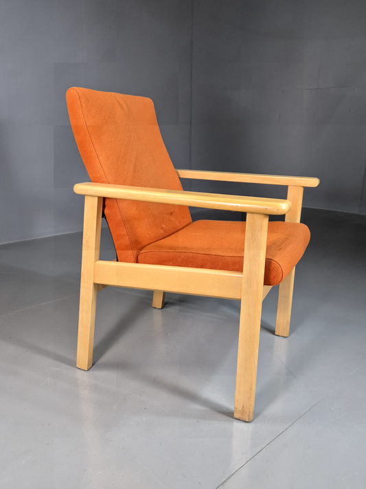 Vintage Danish Elbow Chair Orange Wool Beech Frame 1980s Retro EB7344 MNOR - UKDK FURNITURE