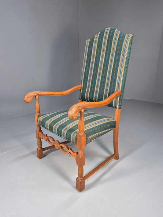 A Vintage Danish Baroque Style Armchair Green Wool Stripe Oak Frame EB9002 VCLO - UKDK FURNITURE