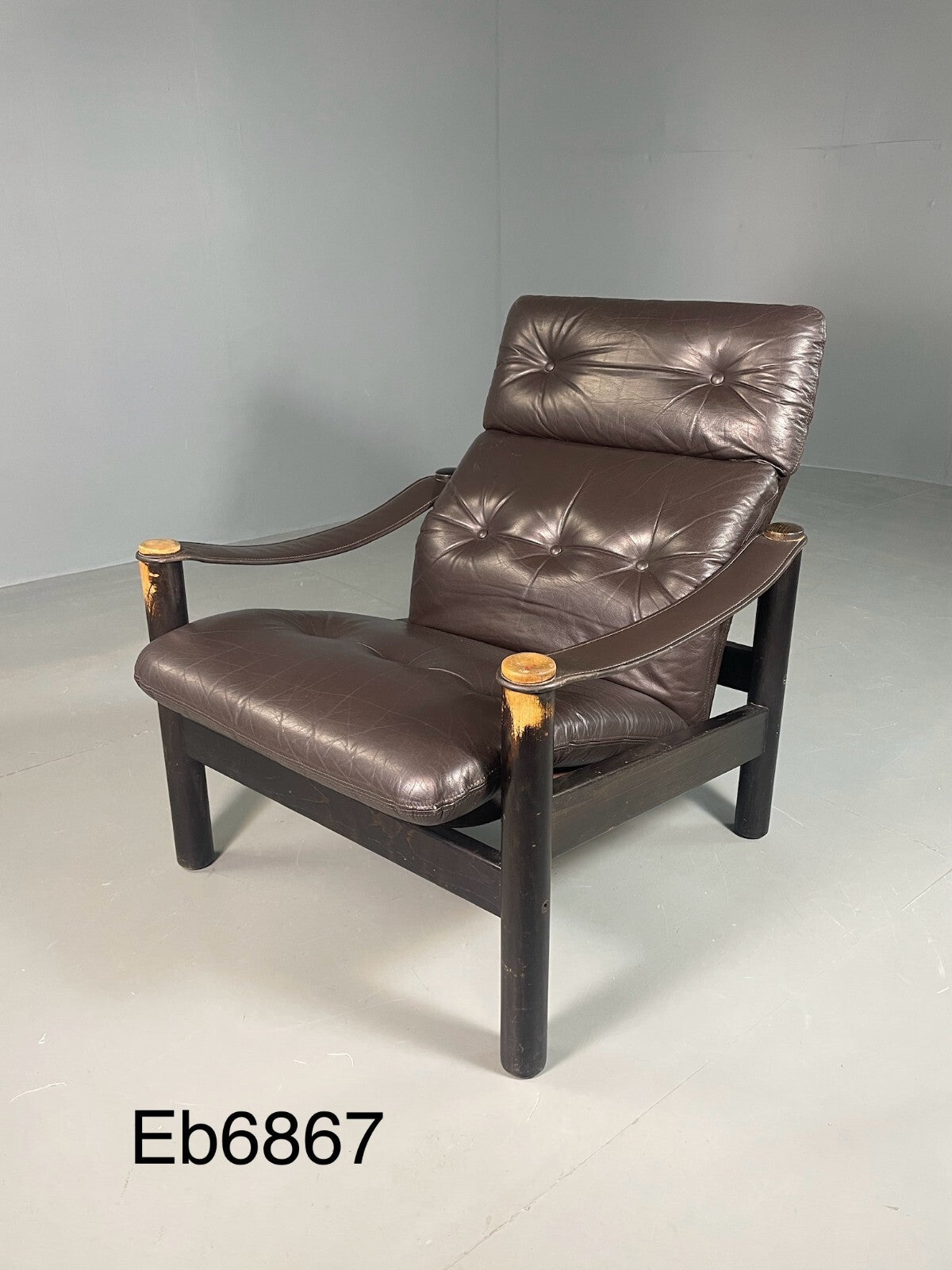 Vintage Danish Lounge Chair Brown Leather Sling Arms Retro MCM EB6867 MNOR15