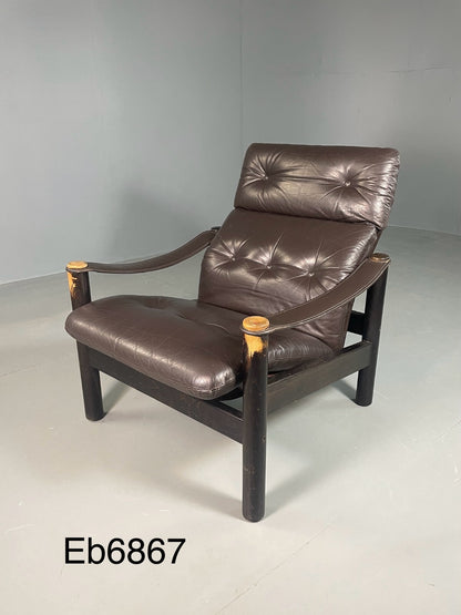 Vintage Danish Lounge Chair Brown Leather Sling Arms Retro MCM EB6867 MNOR15