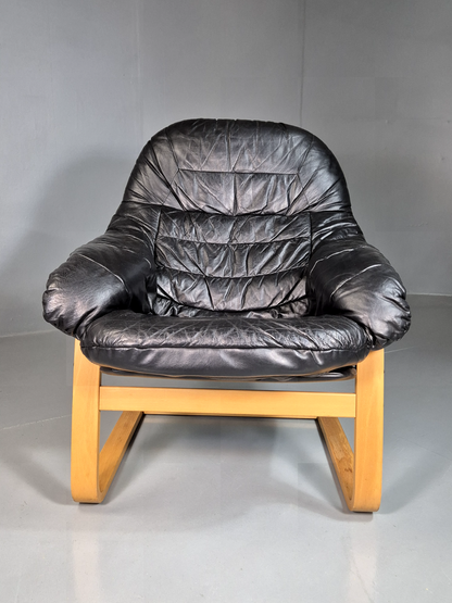 Vintage Danish Lounge Chair Black Leather Bentwood Cantilever Retro EB7229 MBEN3