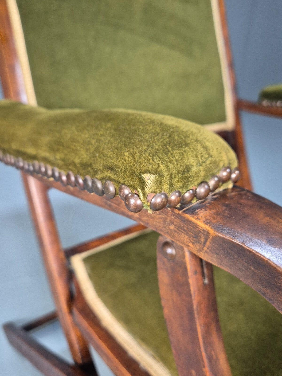Antique Campaign Chair in Green Velour and Mahogany Victorian EB9696 VCLO - UKDK FURNITURE