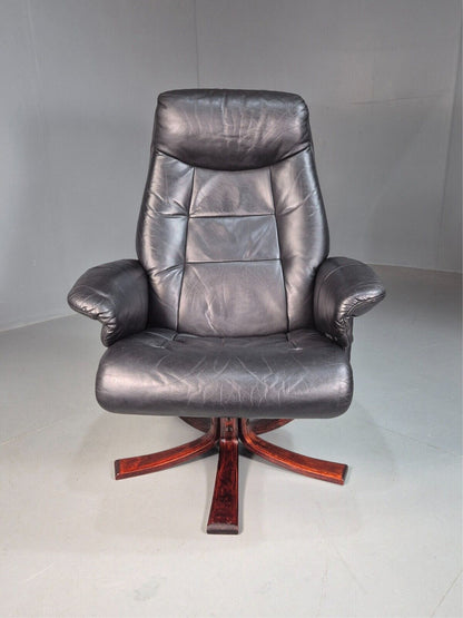Vintage Danish Swivel Lounge Chair Black Leather Recline 1980 Retro EB8249 MSWI - UKDK FURNITURE