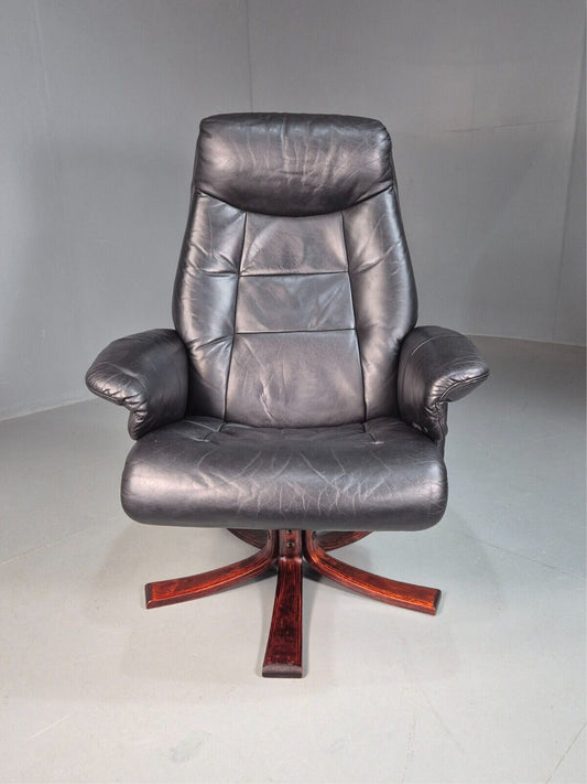 Vintage Danish Swivel Lounge Chair Black Leather Recline 1980 Retro EB8249 MSWI - UKDK FURNITURE