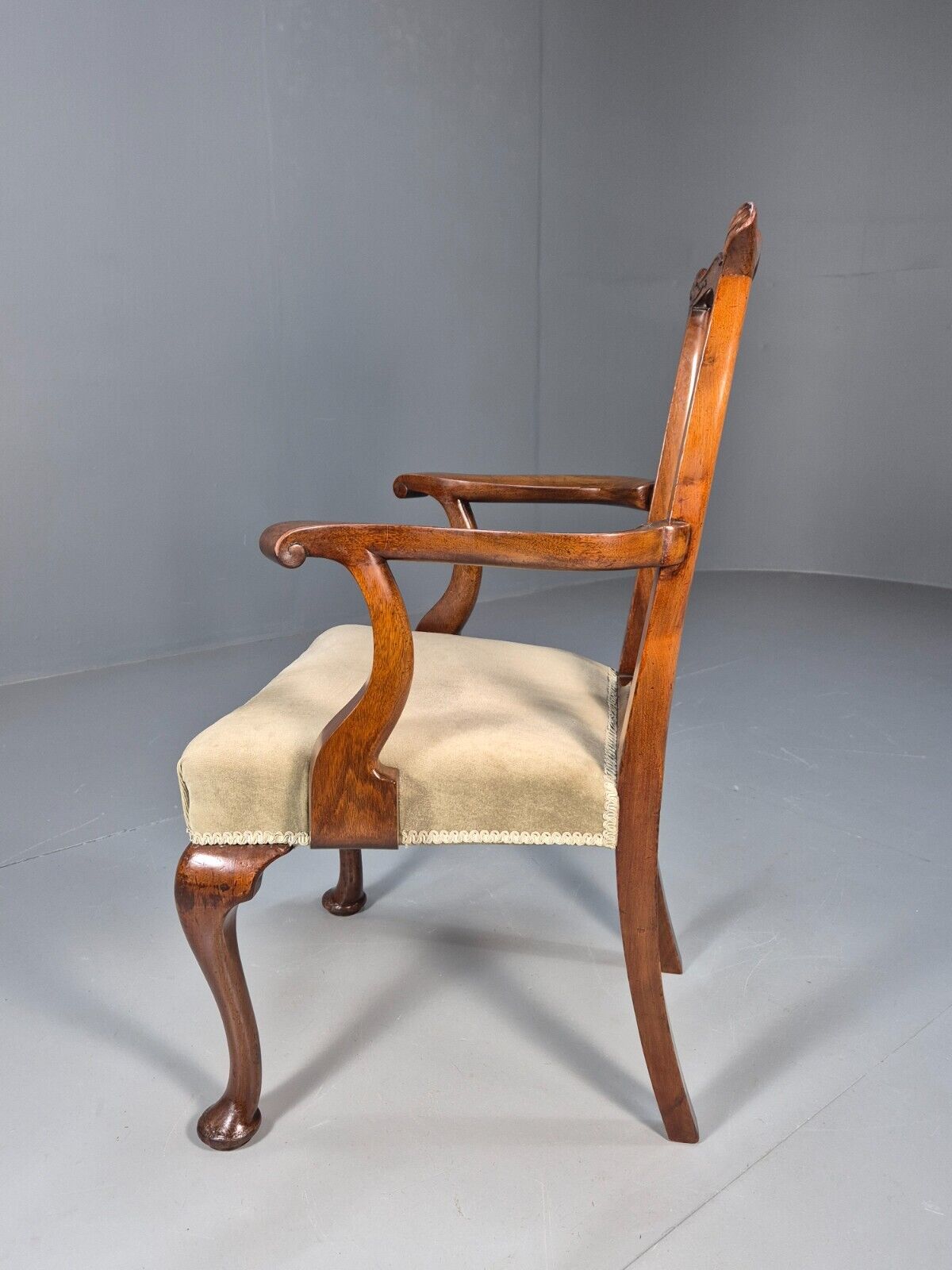 Antique Georgian Style Elbow Chair Mahogany Pad Feet Green Seat EB9387 VDIN - UKDK FURNITURE