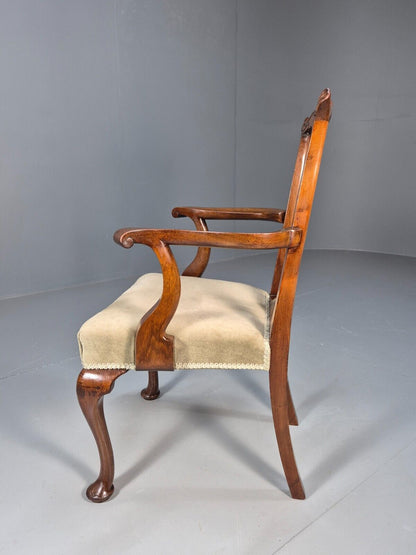 Antique Georgian Style Elbow Chair Mahogany Pad Feet Green Seat EB9387 VDIN - UKDK FURNITURE