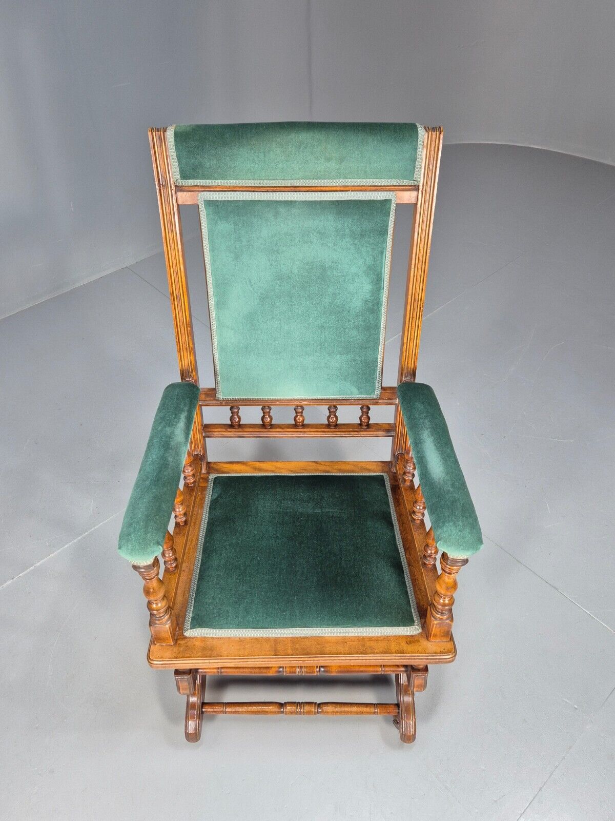 An Edwardian Mahogany Rocking Chair American Style Green Velvet EB9386 VCLO - UKDK FURNITURE